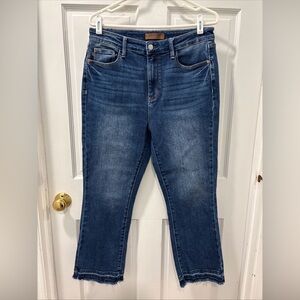 Judy Blue Women’s Kick Flare Stretch Jeans Size 11/30 Dk Wash Raw Hem 26 Length